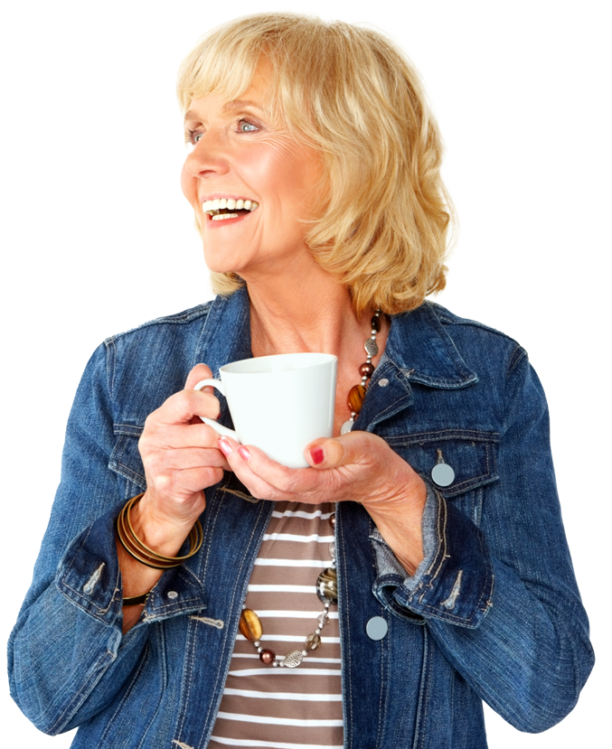 A smiling woman holding a mug