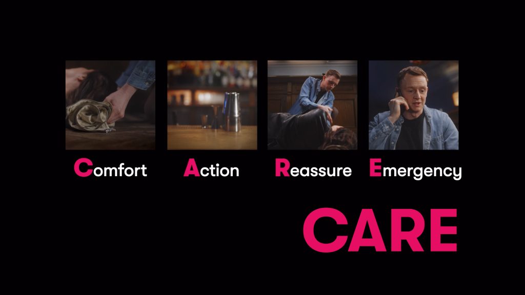 Stills from first aid video - CARE - Comfort, Action, Reassure, Emergency