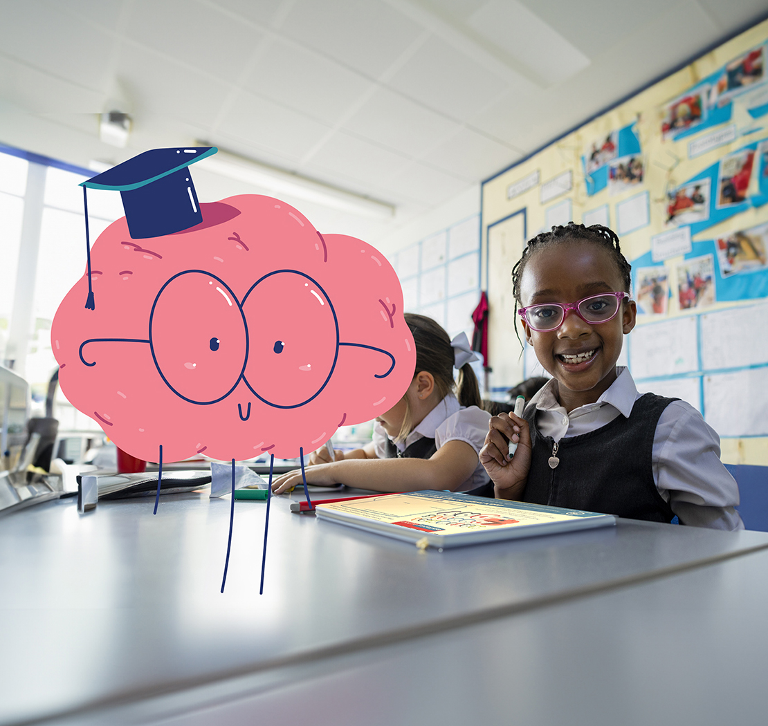 Primary school student doodling next to Doodle Day mascot Artie