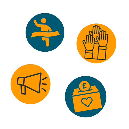 4 icons depicting volunteering, donating, fundraising, and sharing experiences.