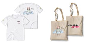 Two white T-shirts one showing the back and one showing the front, next to two cream tote bags showing the front and the back. The design on the back is wellies in a puddle and the other side has the Epilepsy Action logo.