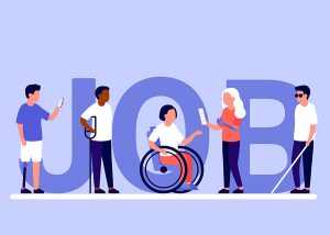 illustration of disabled people against a backdrop saying 'job'