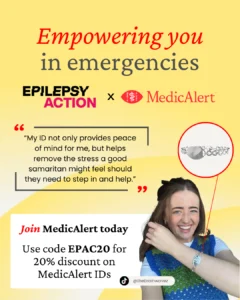 MedicAlert Ad with woman wearing the medical bracelet on a yellow background
