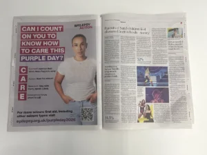26 march issue of the guardian showing epilepsy action's ad showcasing care - seizure first aid for tonic-clonic seizures