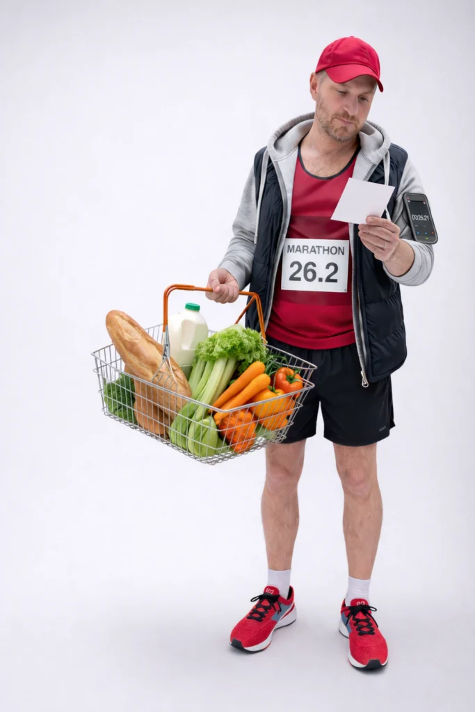 A person doing their shopping but looking like they are going to do a run