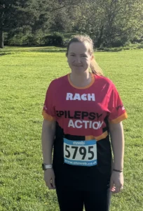 Rachel in an epilepsy action top at a race
