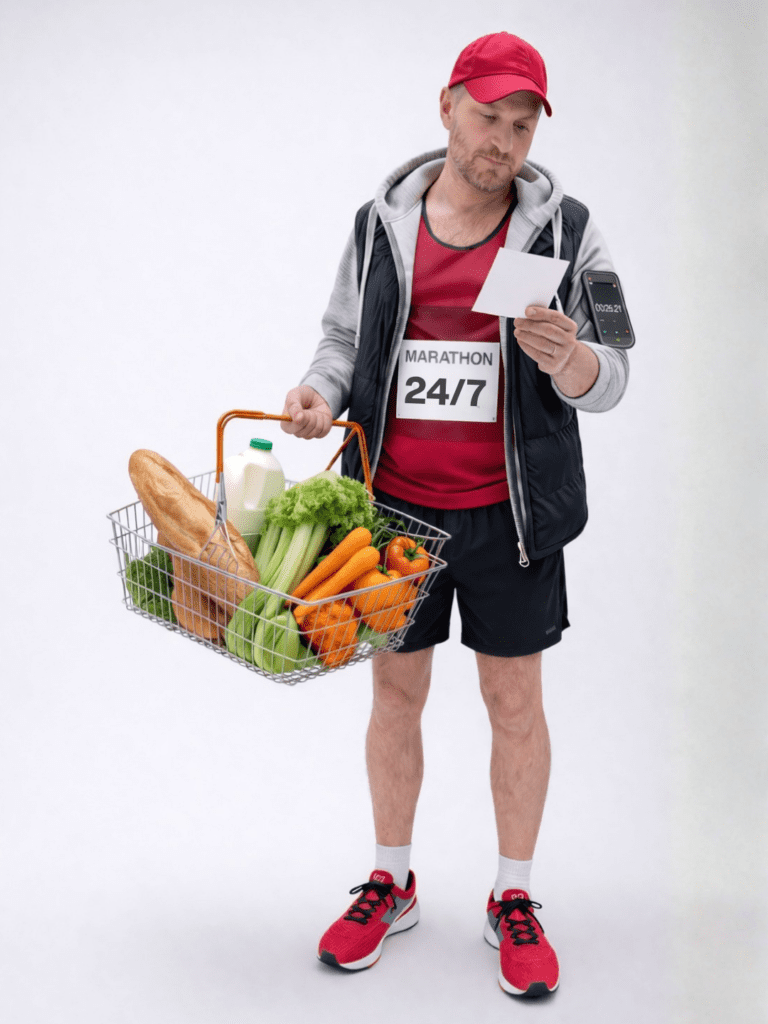 Person doing their shopping but dressed like they are about to do a marathon