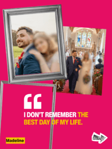 Two photo frames contain blured pictures of a couples wedding day - text reads i don't remember the best day of my life- madeline