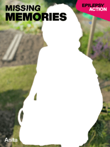 A woman has been cut out of the scene she sits on the grass. Text reads missing memories. 'anita'
