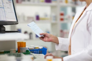 Pharmacist looking at prescription in midst of worsening medication access