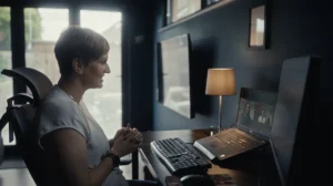 Woman in a white short-sleeved top sitting on an office chair with a computer in front of her. Emma, working.