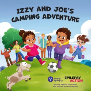The cover of izzy and joe's camping adventure book, with cartoon kids running in the park and a goat in the corner