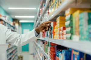 A pharmacist's hand looking through shelves of blood thinner and epilepsy medications